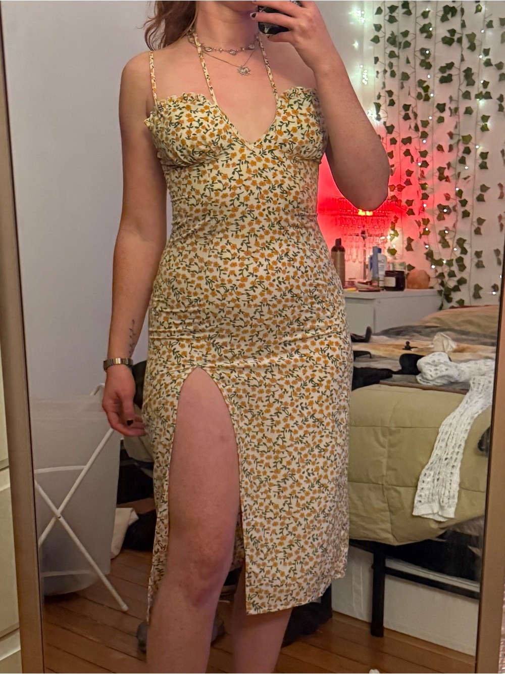 Floral Yellow Spaghetti-Strap Midi Dress with Front Slit - Picture 2 of 3